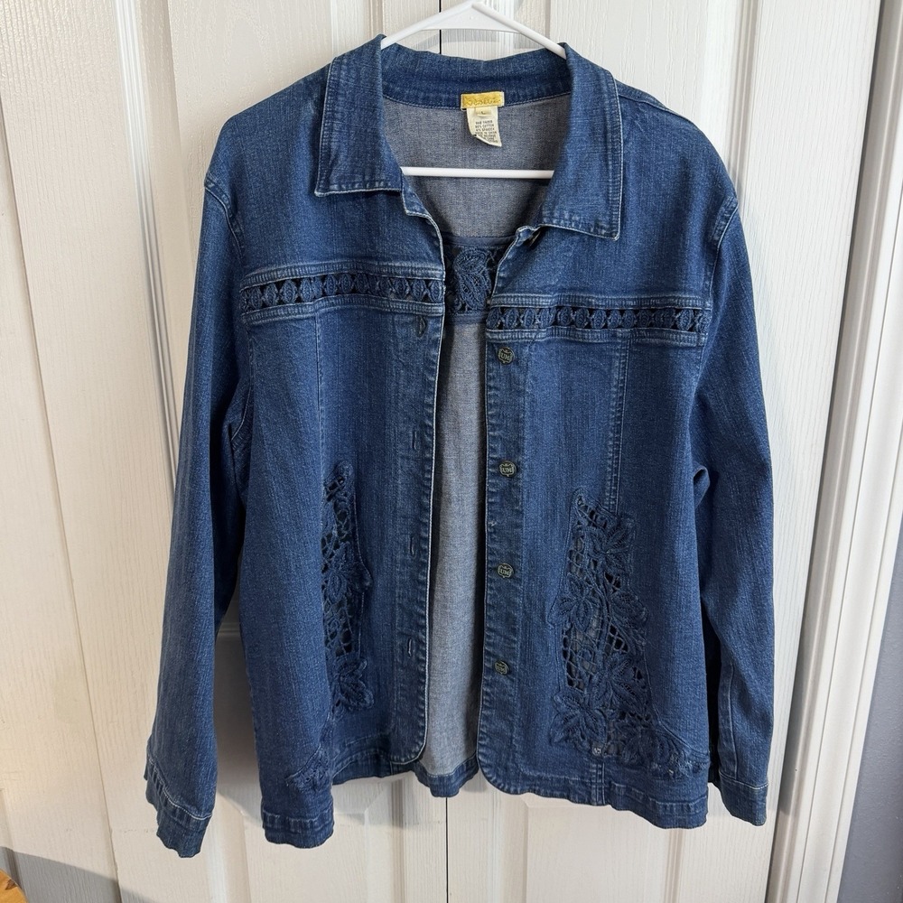 Bestow Blue Denim Crochet Cut Out Accent Jacket Vintage Women's Size Large Rodeo